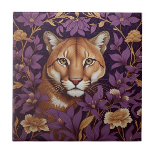 Cougar Face Among Deep Purple Foliage and Flowers Tile