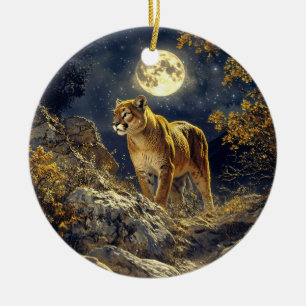 Cougar in the Moonlight Wildlife Art Ceramic Ornament