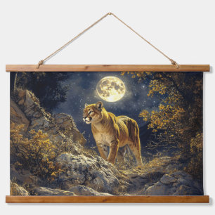 Cougar in the Moonlight Wildlife Art Hanging Tapestry