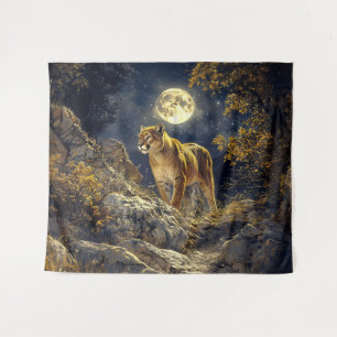 Cougar in the Moonlight Wildlife Art Tapestry