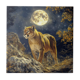 Cougar in the Moonlight Wildlife Art Tile