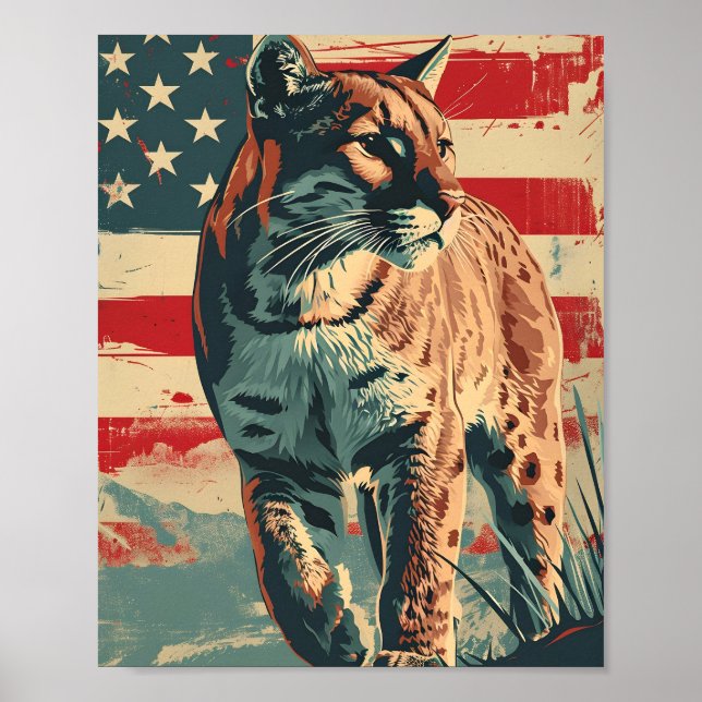 Cougar Mountain Lion American Flag Vintage Poster (Front)