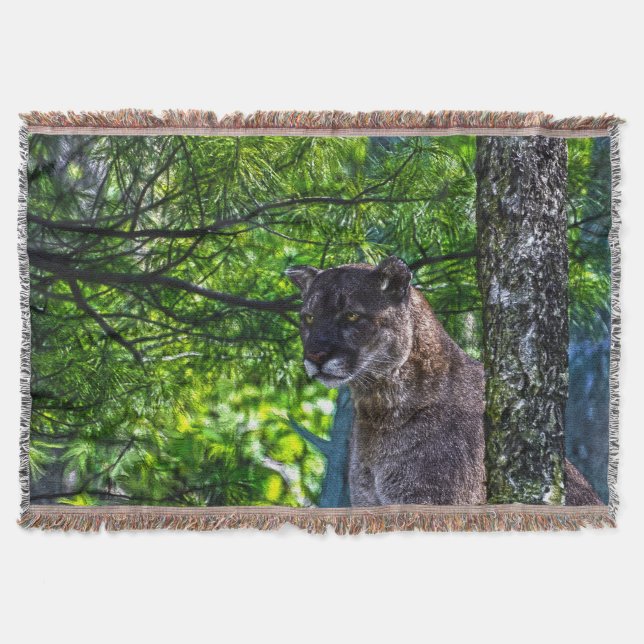 Cougar Mountain Lion & Pine Branches Wildlife II Throw Blanket (Front)