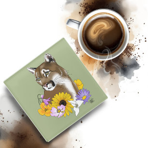 Cougar Mountain Lion Puma Flowers Glass Coaster