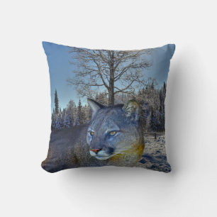 Cougar Mountain Lion & Winter Tree Wildlife Image Throw Pillow