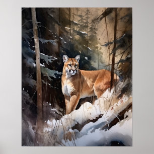 Cougar Woodland Animal Art Print Poster