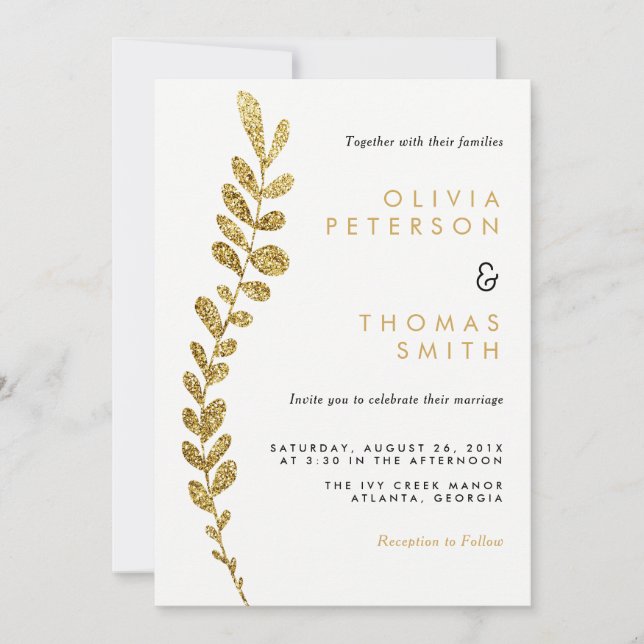 Couleur éditable Faire-part de mariage feuille or  (Devant)