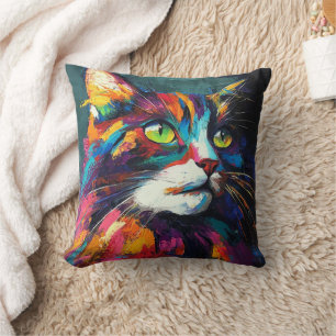 Couleur Vibrante Chat Visage Art Décor Coussin