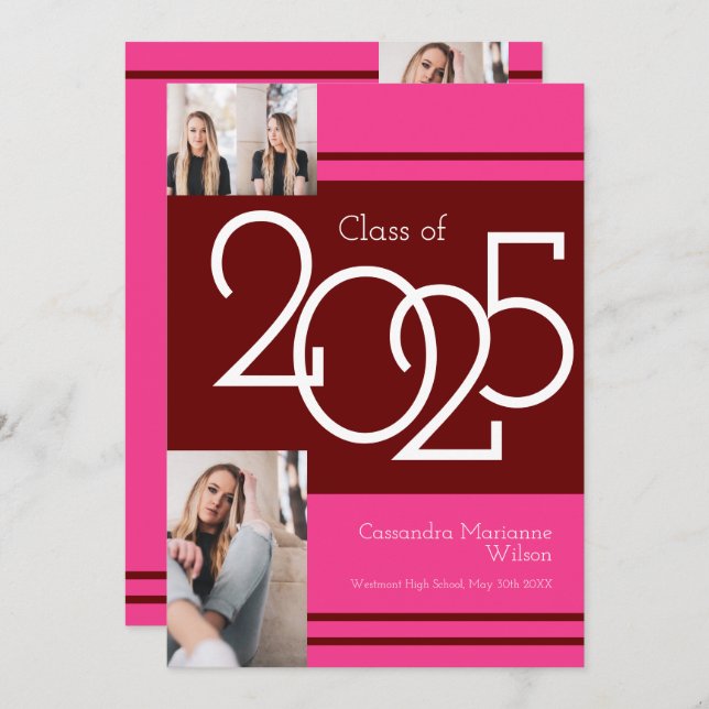 Couleurs de l'école rose Maroon Faire-part de dipl (Devant / Derrière)