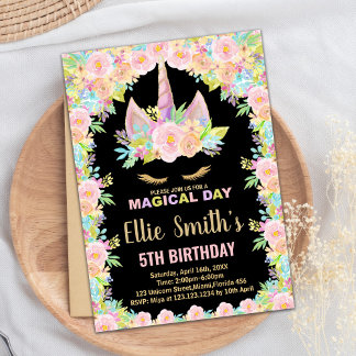 Couleurs florales Unicorne noire Invitations d'ann