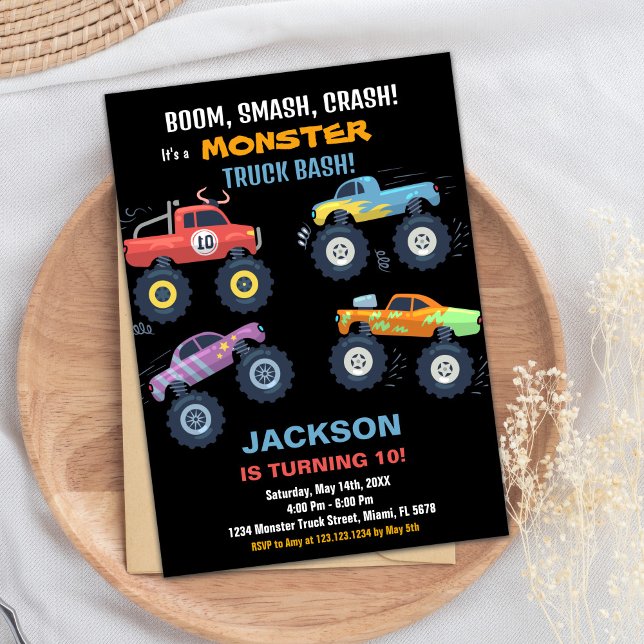 Couleurs Monster Truck Invitations Anniversaire Bl (Colours Monster Truck Birthday Invitations Black B)