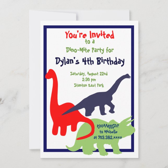 Couleurs primaires Dinosaur Invitations de fête d' (Devant)