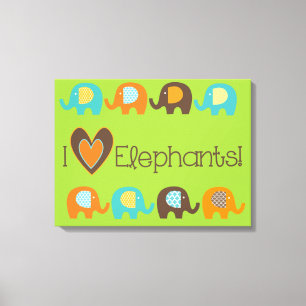 Couleurs vives J'aime Eléphants Toile enveloppée
