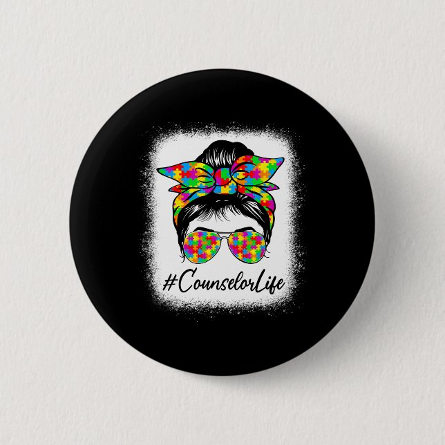 Counsellor Messy Bun Women Supporting Autism Aware 2 Inch Round Button (Front)