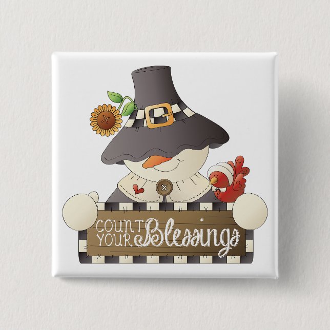 Count Your Blessings Snowman Pilgrim 2 Inch Square Button (Front)