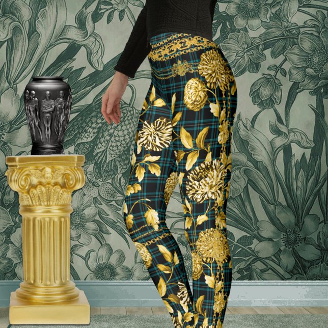 Countess Black Teal Green Plaid Gold Floral Leggings (Creator Uploaded)