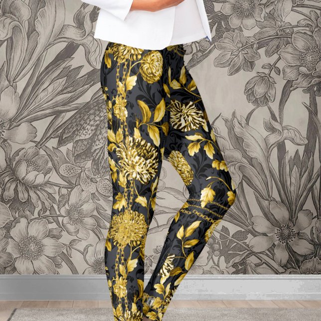 Countess Gold Chain Floral Black On Black Damask Leggings (Creator Uploaded)