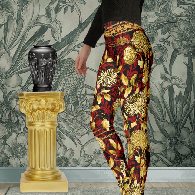 Countess Gold Floral Chain Red Black Damask Leggings (Creator Uploaded)