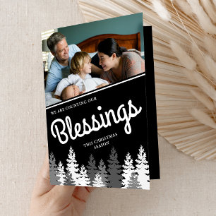 Counting Our Blessings Black Christmas Photo Pine Holiday Card