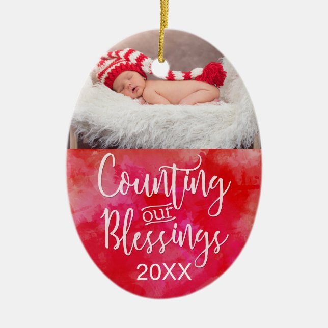 Counting our Blessings Photo Watercolor Christmas Ceramic Ornament (Front)