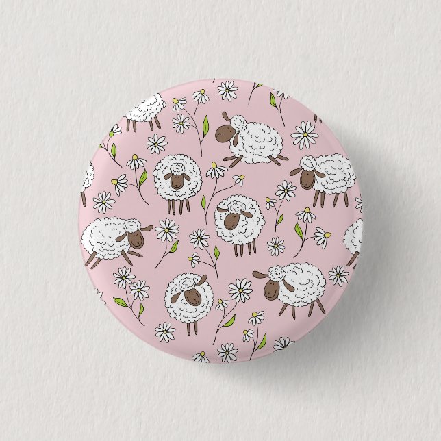 Counting sheep on cotton candy pink 1 inch round button (Front)