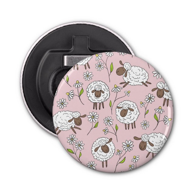 Counting sheep on cotton candy pink bottle opener (Front)
