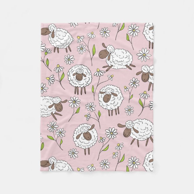 Counting sheep on cotton candy pink fleece blanket (Front)