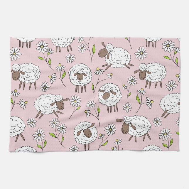 Counting sheep on cotton candy pink kitchen towel (Horizontal)