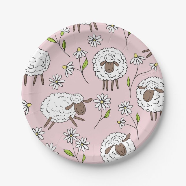 Counting sheep on cotton candy pink paper plate (Front)
