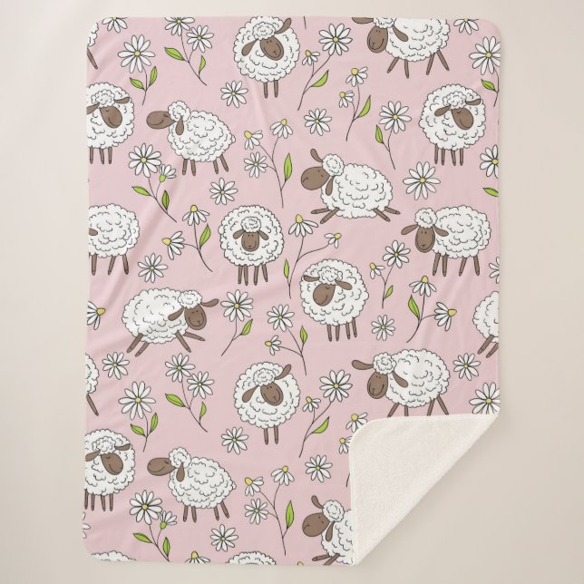 Counting sheep on cotton candy pink sherpa blanket (Front)