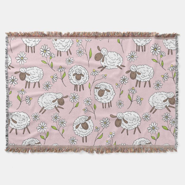 Counting sheep on cotton candy pink throw blanket (Front)