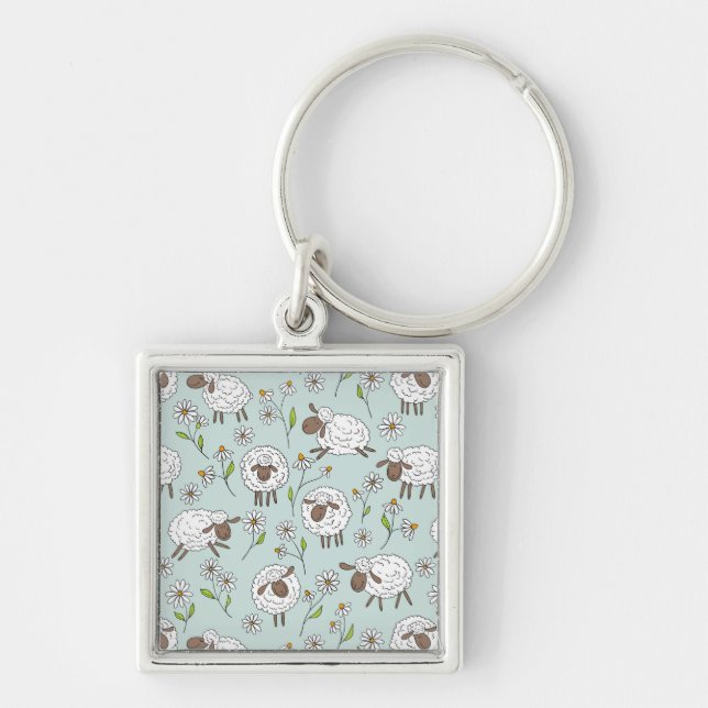 Counting sheep on sea glass blue keychain (Front)