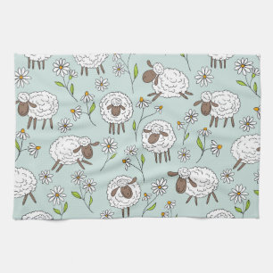 Counting sheep on sea glass blue kitchen towel
