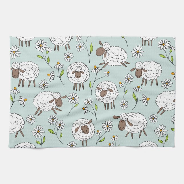Counting sheep on sea glass blue kitchen towel (Horizontal)