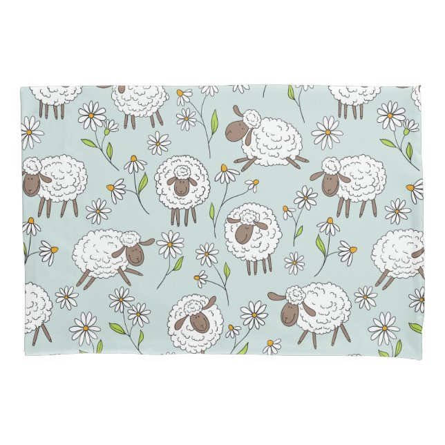 Counting sheep on sea glass blue pillowcase (Front-Left)