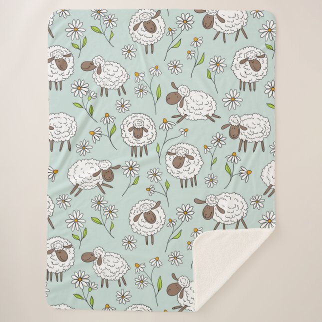Counting sheep on sea glass blue sherpa blanket (Front)