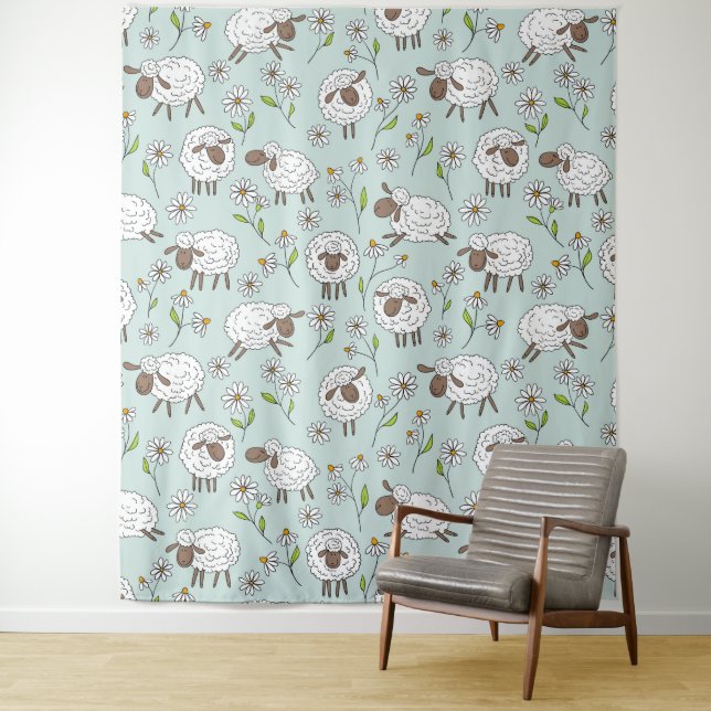 Counting sheep on sea glass blue tapestry (In Situ)