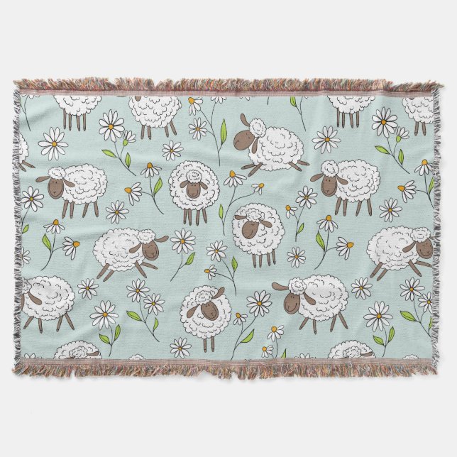 Counting sheep on sea glass blue throw blanket (Front)