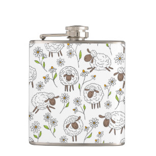 Counting sheep on white hip flask