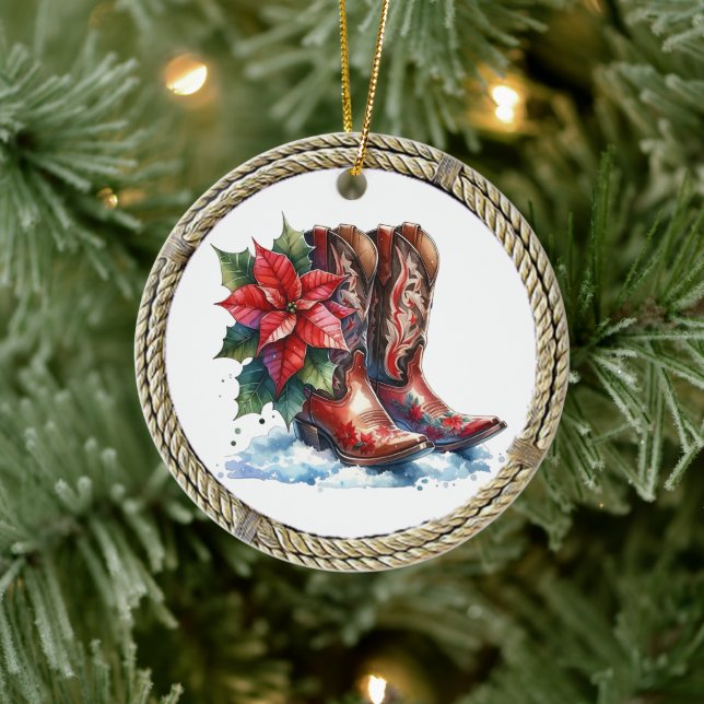 Country and Western Cowboy Boots Christmas Ceramic Ornament (Tree)