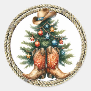 Country and Western Rustic Christmas Tree Classic Round Sticker
