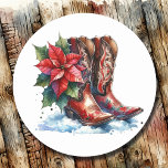 Country and Western Rustic Cowboy Boots Christmas Classic Round Sticker<br><div class="desc">Cute Christmas stickers to seal envelopes or favour bags. Ai watercolor illustration of a rustic country and western cowboy boots and poinsettias.</div>
