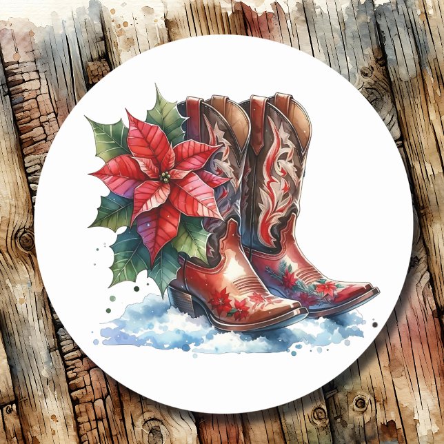 Country and Western Rustic Cowboy Boots Christmas Classic Round Sticker (Creator Uploaded)