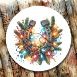 Country and Western Rustic Horseshoe Christmas Classic Round Sticker<br><div class="desc">Cute Christmas stickers to seal envelopes or favour bags. Ai watercolor illustration of a rustic country and western horseshoe decorated in festive Christmas lights and pine branches.</div>