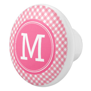Country Baby Pink Gingham Personalize Monogram Ceramic Knob