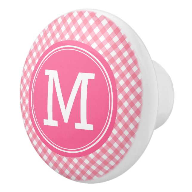 Country Baby Pink Gingham Personalize Monogram Ceramic Knob (Right)