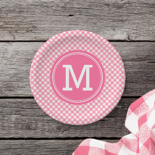 Country Baby Pink Gingham Personalize Monogram Paper Plate