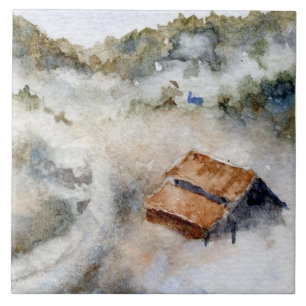 Country barn in fog filled valley farm tile