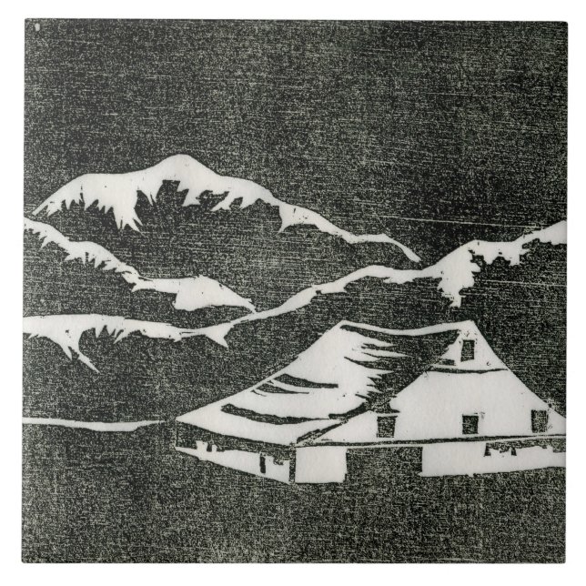 Country barn in white on black background print tile (Front)