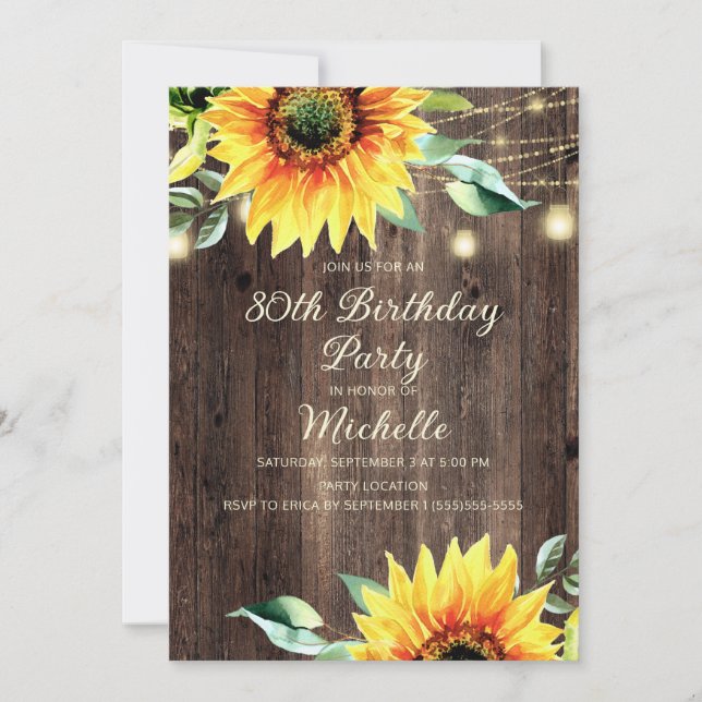 Country Barn String Lights Sunflower 80th Birthday Invitation (Front)